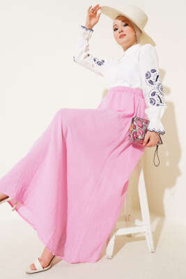 Bel Lastikli Müslin Etek Pembe - Uzun Etek