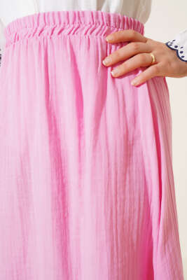 Bel Lastikli Müslin Etek Pembe - Uzun Etek