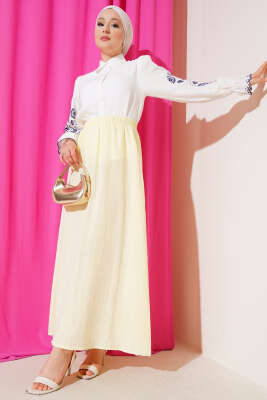 Bel Lastikli Müslin Etek Sarı - Uzun Etek