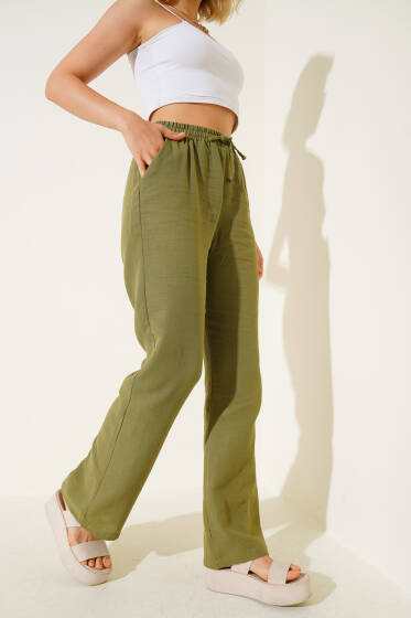 Bel Lastikli Müslin Pantolon Haki - Kadın Giyim Modelleri