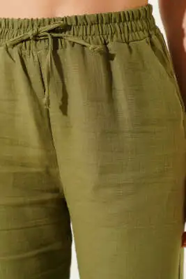 Bel Lastikli Müslin Pantolon Haki - Kadın Giyim Modelleri