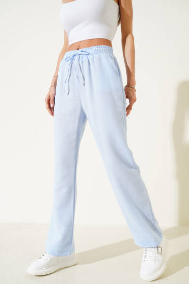 Bel Lastikli Müslin Pantolon Mavi - Kadın Giyim Modelleri