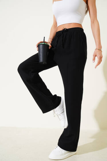 Bel Lastikli Müslin Pantolon Siyah - Kadın Giyim Modelleri