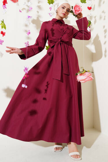 Bel Lastikli Önü Bağlamalı Poplin Elbise Bordo - Elbise