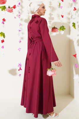 Bel Lastikli Önü Bağlamalı Poplin Elbise Bordo - Tesettür Elbise