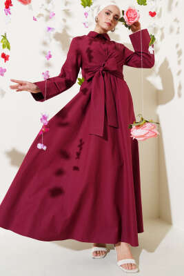 Bel Lastikli Önü Bağlamalı Poplin Elbise Bordo - DUFON