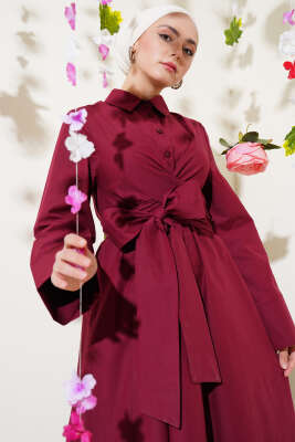 Bel Lastikli Önü Bağlamalı Poplin Elbise Bordo - Tesettür Elbise