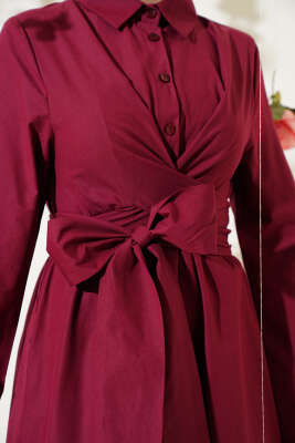 Bel Lastikli Önü Bağlamalı Poplin Elbise Bordo - Tesettür Elbise