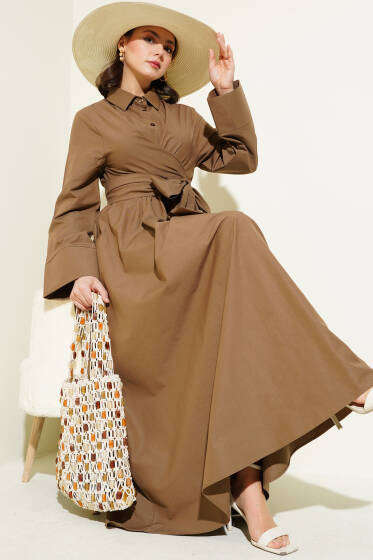 Bel Lastikli Önü Bağlamalı Poplin Elbise Kahve - Elbise