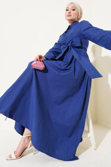 Bel Lastikli Önü Bağlamalı Poplin Elbise Lacivert - Elbise