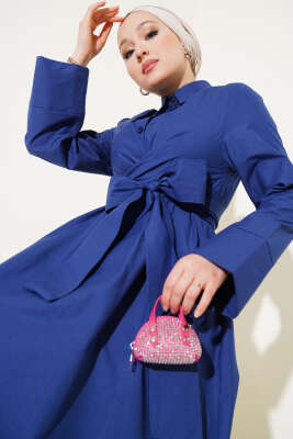Bel Lastikli Önü Bağlamalı Poplin Elbise Lacivert - Tesettür Elbise