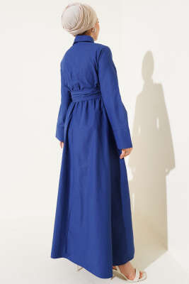 Bel Lastikli Önü Bağlamalı Poplin Elbise Lacivert - Tesettür Elbise