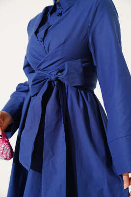 Bel Lastikli Önü Bağlamalı Poplin Elbise Lacivert - Tesettür Elbise