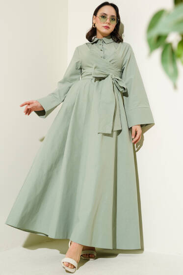 Bel Lastikli Önü Bağlamalı Poplin Elbise Mint - Elbise