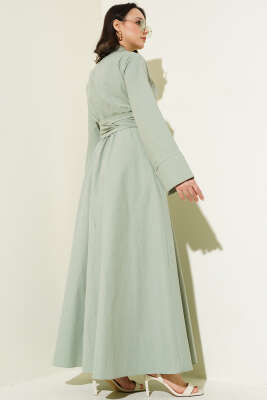 Bel Lastikli Önü Bağlamalı Poplin Elbise Mint - Tesettür Elbise