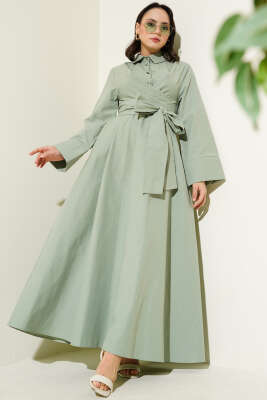 Bel Lastikli Önü Bağlamalı Poplin Elbise Mint 