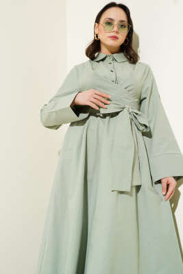 Bel Lastikli Önü Bağlamalı Poplin Elbise Mint - Tesettür Elbise