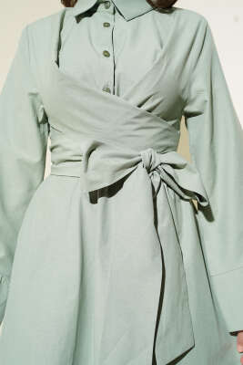 Bel Lastikli Önü Bağlamalı Poplin Elbise Mint - Tesettür Elbise