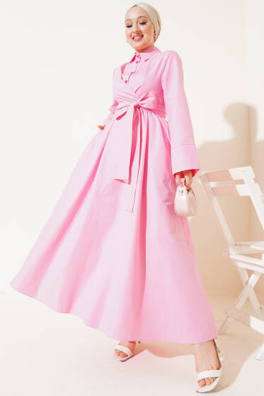 Bel Lastikli Önü Bağlamalı Poplin Elbise Pembe - Elbise