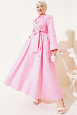 Bel Lastikli Önü Bağlamalı Poplin Elbise Pembe 