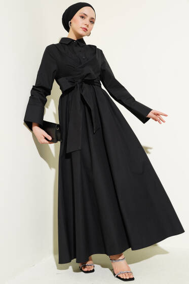 Bel Lastikli Önü Bağlamalı Poplin Elbise Siyah - Elbise