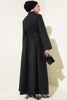 Bel Lastikli Önü Bağlamalı Poplin Elbise Siyah - Tesettür Elbise