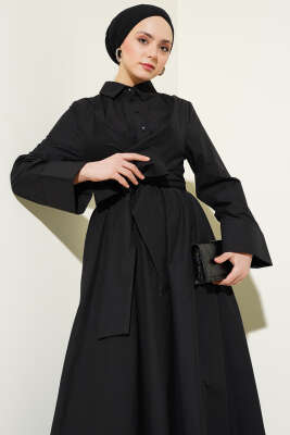 Bel Lastikli Önü Bağlamalı Poplin Elbise Siyah - Tesettür Elbise