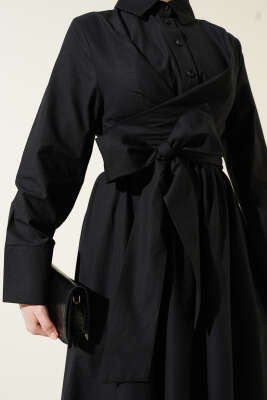 Bel Lastikli Önü Bağlamalı Poplin Elbise Siyah - Tesettür Elbise