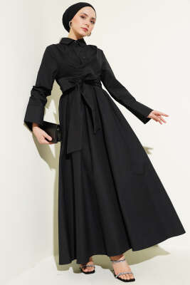 Bel Lastikli Önü Bağlamalı Poplin Elbise Siyah