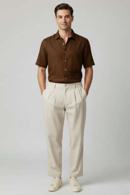 Bel Lastikli Önü Pileli Erkek Pantolon Bej - Erkek Pantolon