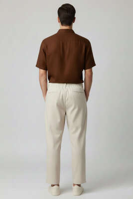 Bel Lastikli Önü Pileli Erkek Pantolon Bej - Erkek Pantolon