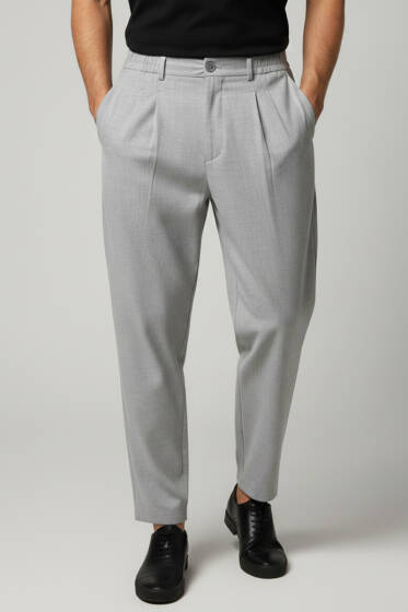 Bel Lastikli Önü Pileli Erkek Pantolon Gri - Erkek Pantolon
