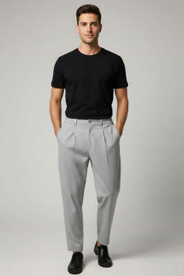 Bel Lastikli Önü Pileli Erkek Pantolon Gri - Erkek Pantolon