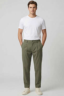 Bel Lastikli Önü Pileli Erkek Pantolon Haki - Erkek Pantolon