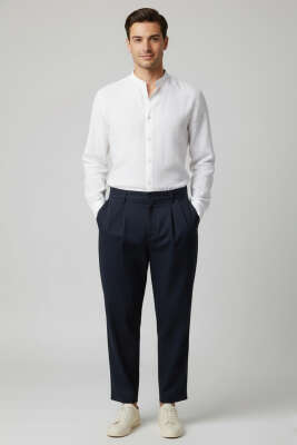 Bel Lastikli Önü Pileli Erkek Pantolon Lacivert - Erkek Pantolon