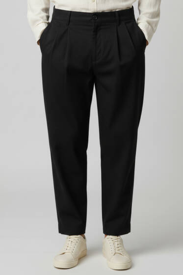 Bel Lastikli Önü Pileli Erkek Pantolon Siyah - Erkek Pantolon