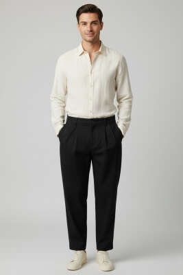 Bel Lastikli Önü Pileli Erkek Pantolon Siyah - Erkek Pantolon