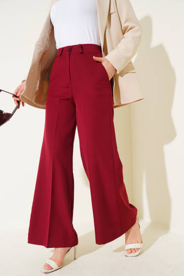 Bel Lastikli Palazzo Kumaş Pantolon Bordo - Pantolon