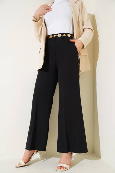 Bel Lastikli Palazzo Kumaş Pantolon Siyah - Pantolon
