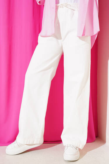 Bel Lastikli Palazzo Pantolon Ekru - Pantolon