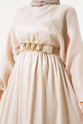 Bel Lastikli Parlak Elbise Bej - Tesettür Elbise