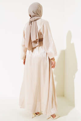 Bel Lastikli Parlak Elbise Bej - Tesettür Elbise