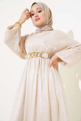 Bel Lastikli Parlak Elbise Bej - Tesettür Elbise