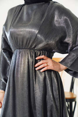 Bel Lastikli Parlak Elbise Füme - Tesettür Elbise