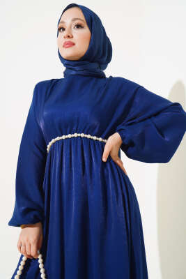 Bel Lastikli Parlak Elbise Lacivert - Tesettür Elbise
