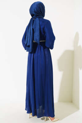 Bel Lastikli Parlak Elbise Lacivert - Tesettür Elbise