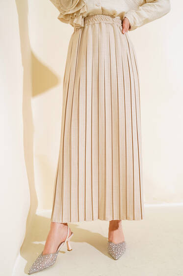 Bel Lastikli Pileli Etek Bej - Etek