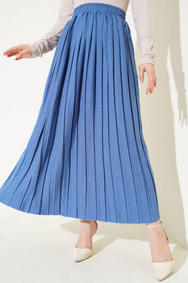 Bel Lastikli Pileli Etek İndigo - Etek