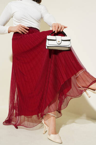Bel Lastikli Pileli Fırfırlı Tül Etek Bordo - Etek