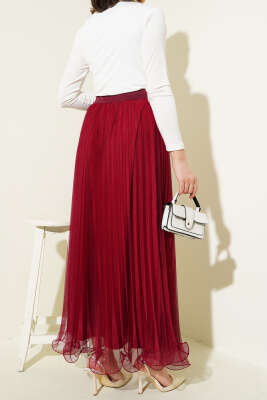 Bel Lastikli Pileli Fırfırlı Tül Etek Bordo - Uzun Etek